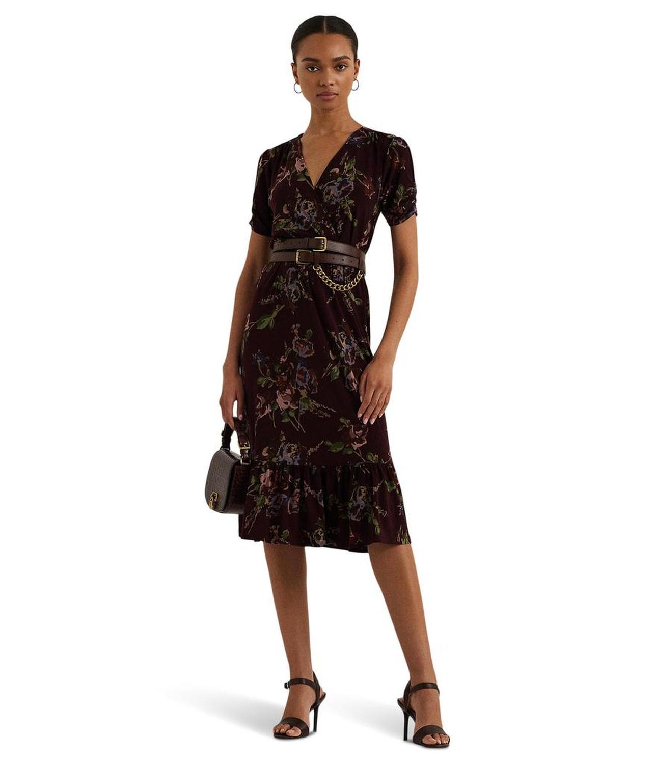 Floral Jersey Surplice Puff-Sleeve Dress