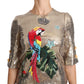 Dolce & Gabbana Gold Parrot Motif Crewneck Blouse with Crystals