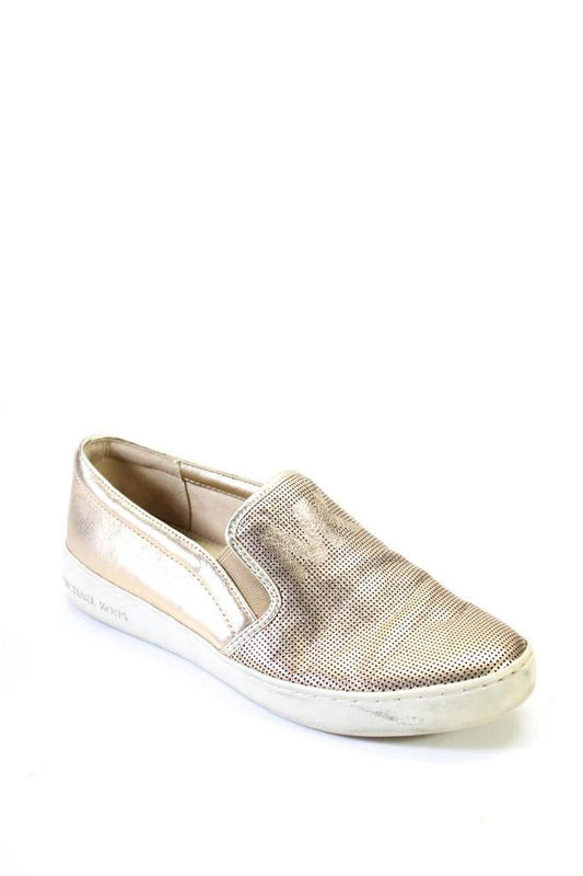 Michael Michael Kors Womens Leather Metallic Spotted Print Slip-Ons Gold