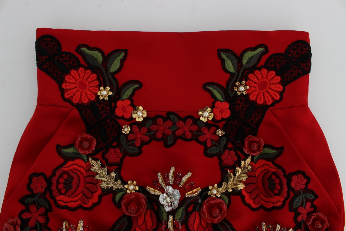 Dolce & Gabbana Ravishing Red Silk Embroidered Shorts