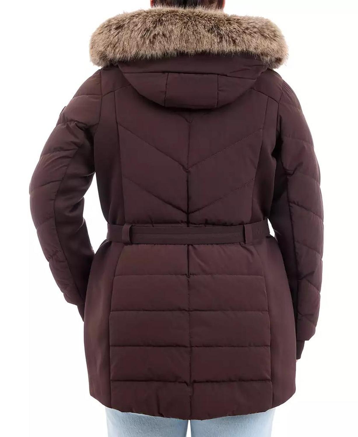 Plus Size Belted Faux-Fur-Trim Hooded Puffer Coat