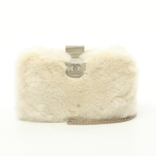 Coco Mark Chain Shoulder Bag Rabbit Fur Velvet Calfskin White Gold Hardware Rhinestone