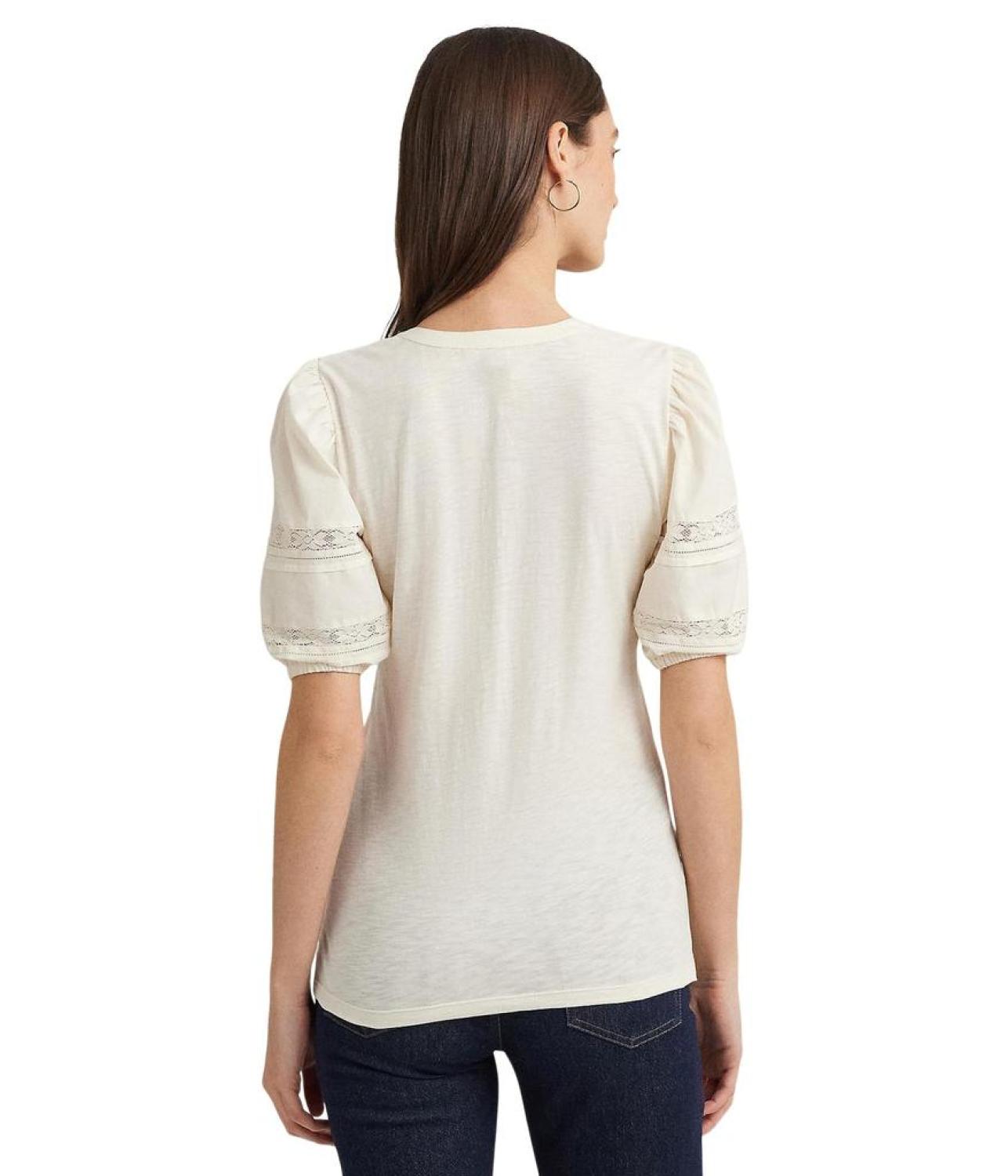 Lace-Trim Jersey Puff-Sleeve Henley Tee