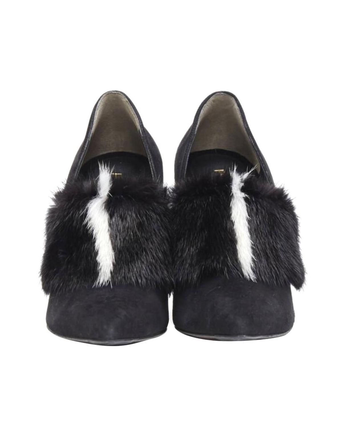 FENDI black suede black white mink fur front point toe chunky heel pump