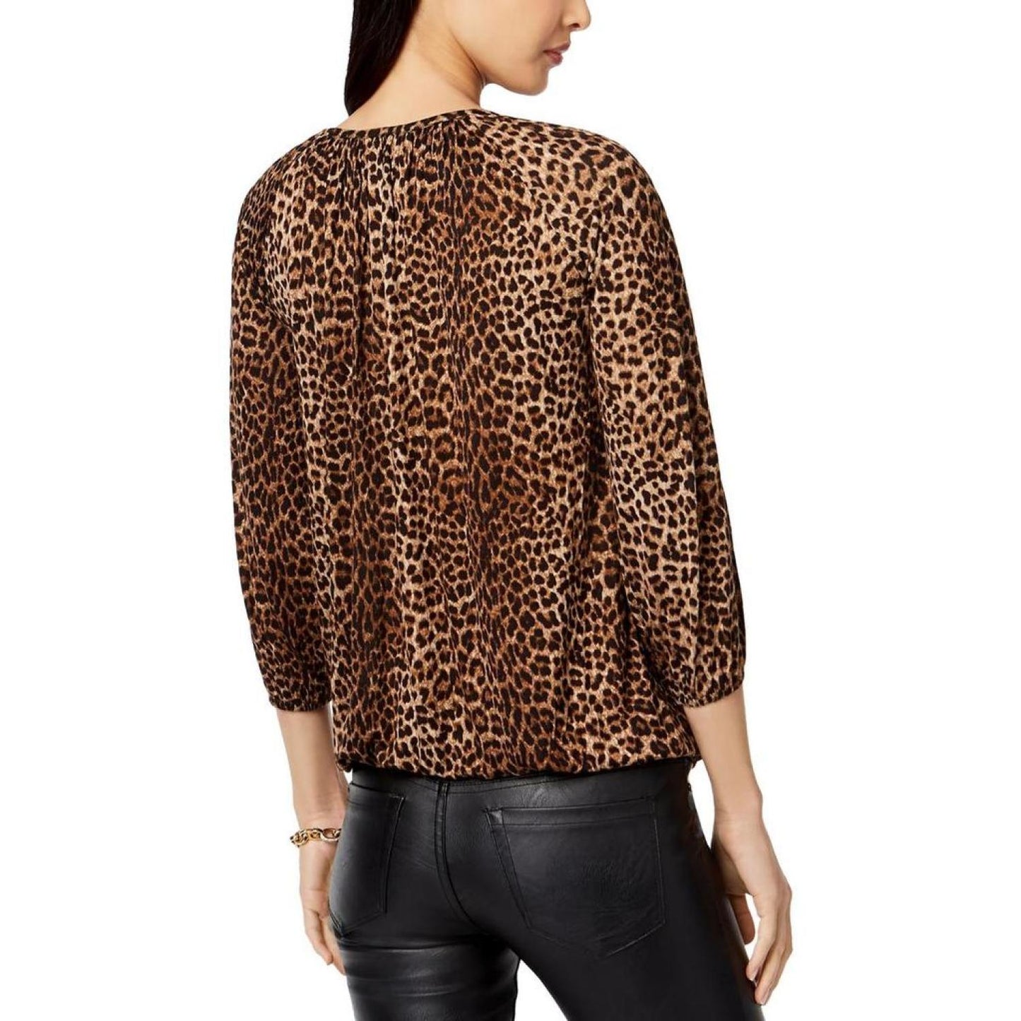 Petites Womens Animal Print Scoop Neck Peasant Top