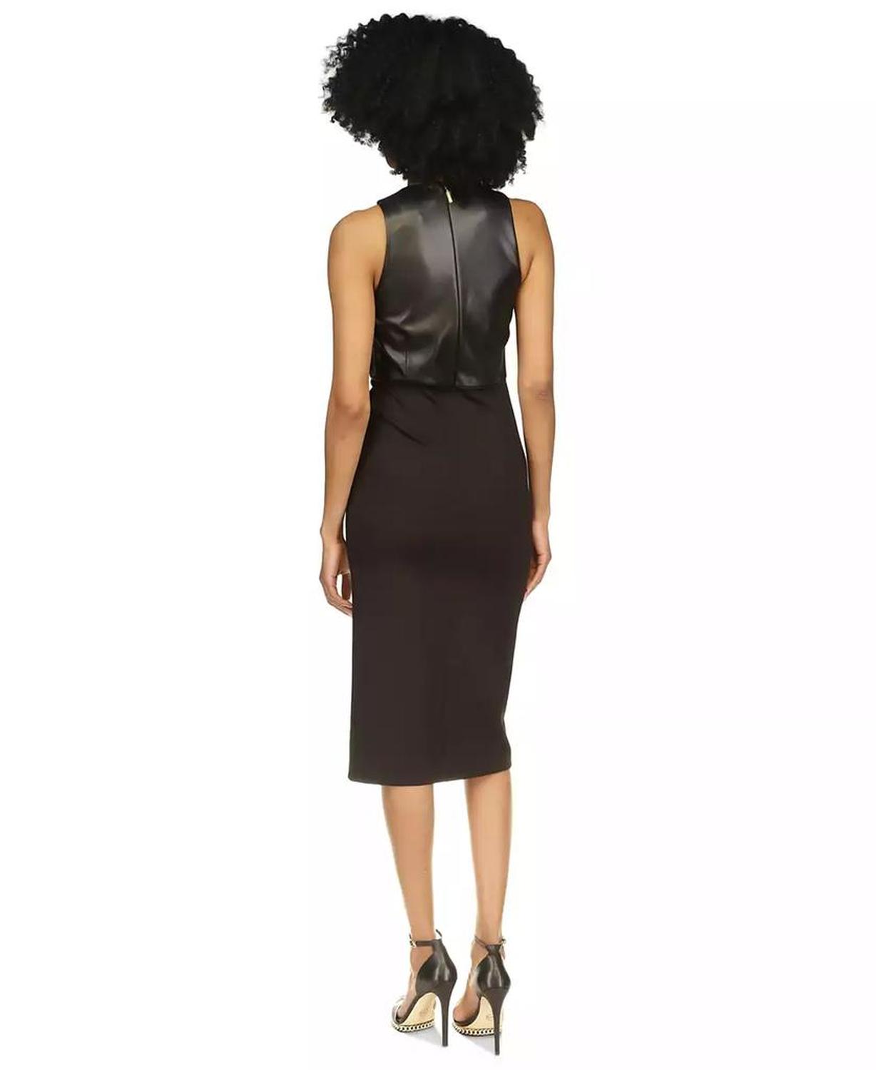 MICHAEL Women's Faux-Leather Bodice Midi Dress