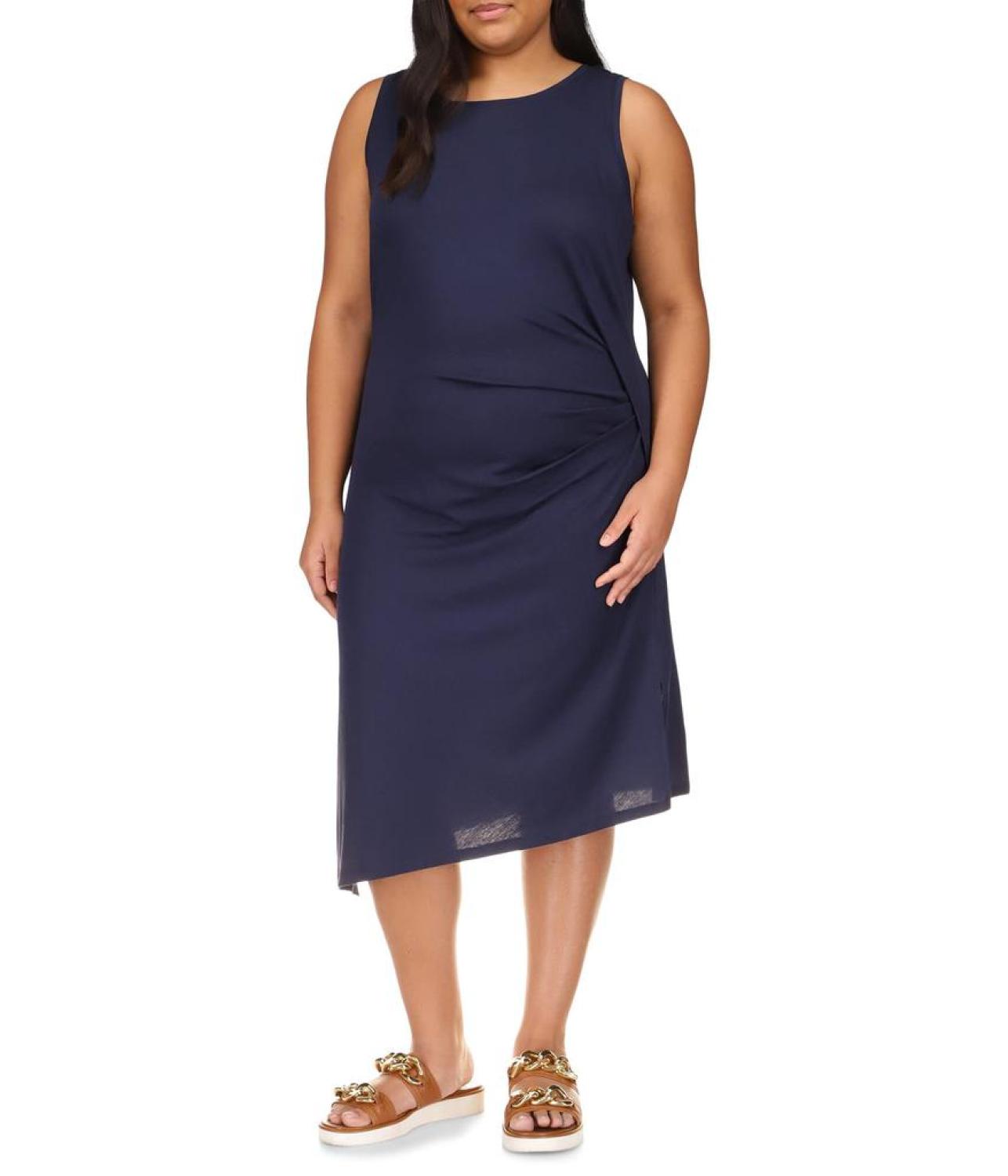 Plus Size Solid Crew Neck Drape Dress