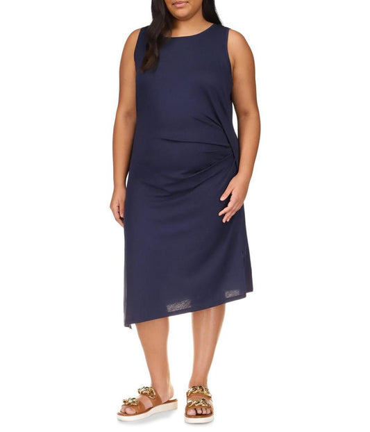 Plus Size Solid Crew Neck Drape Dress