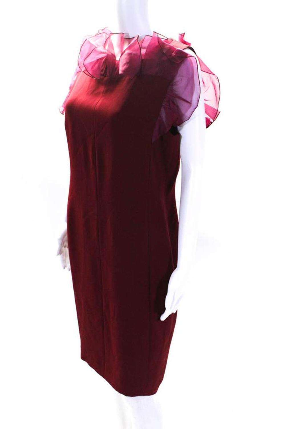 Max Mara Womens Organza Ruffle Sleeveless Sheath Dress Maroon