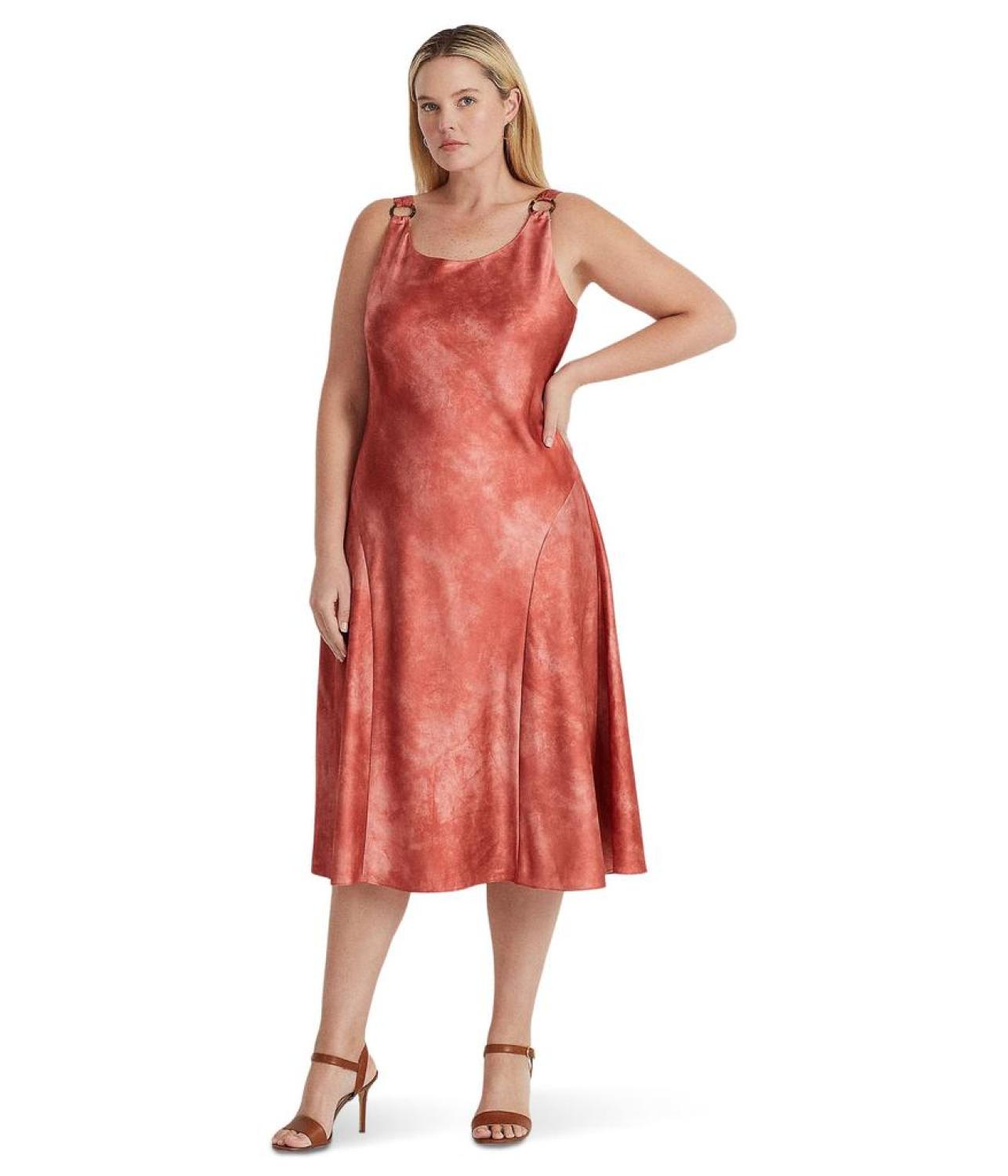 Plus Size Tie-Dye Print Ring-Trim Satin Dress