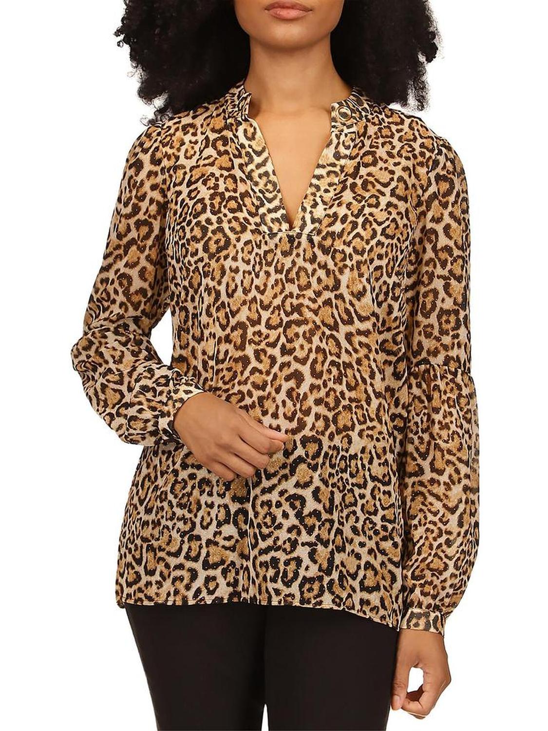 Womens Animal Print Embellished Blouse