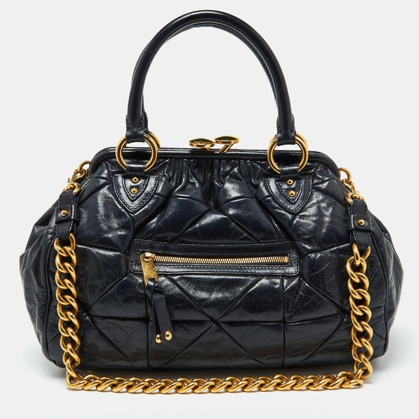 Navy Blue Quilted Leather Stam Satchel