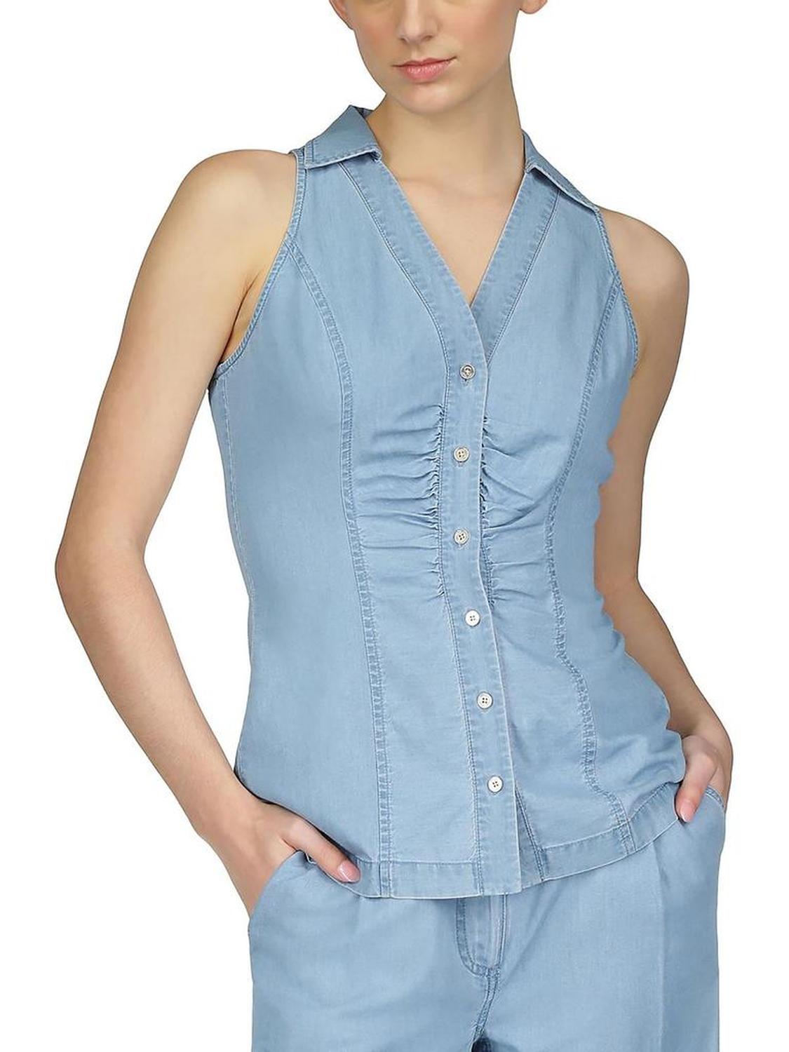 Womens Collared Sleeveless Button-Down Top