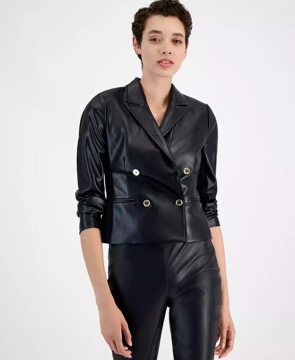 Women's Faux-Leather Cropped Blazer