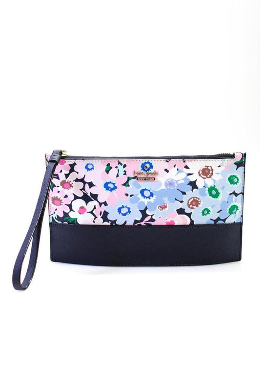 Kate Spade New York Women's Leather Trim Floral Print Zip Wristlet Blue Pink