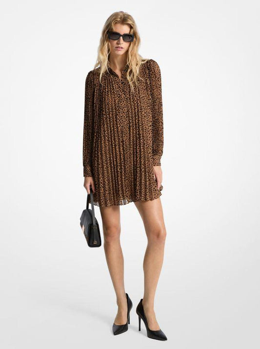 Pleated Cheetah Print Georgette Dress