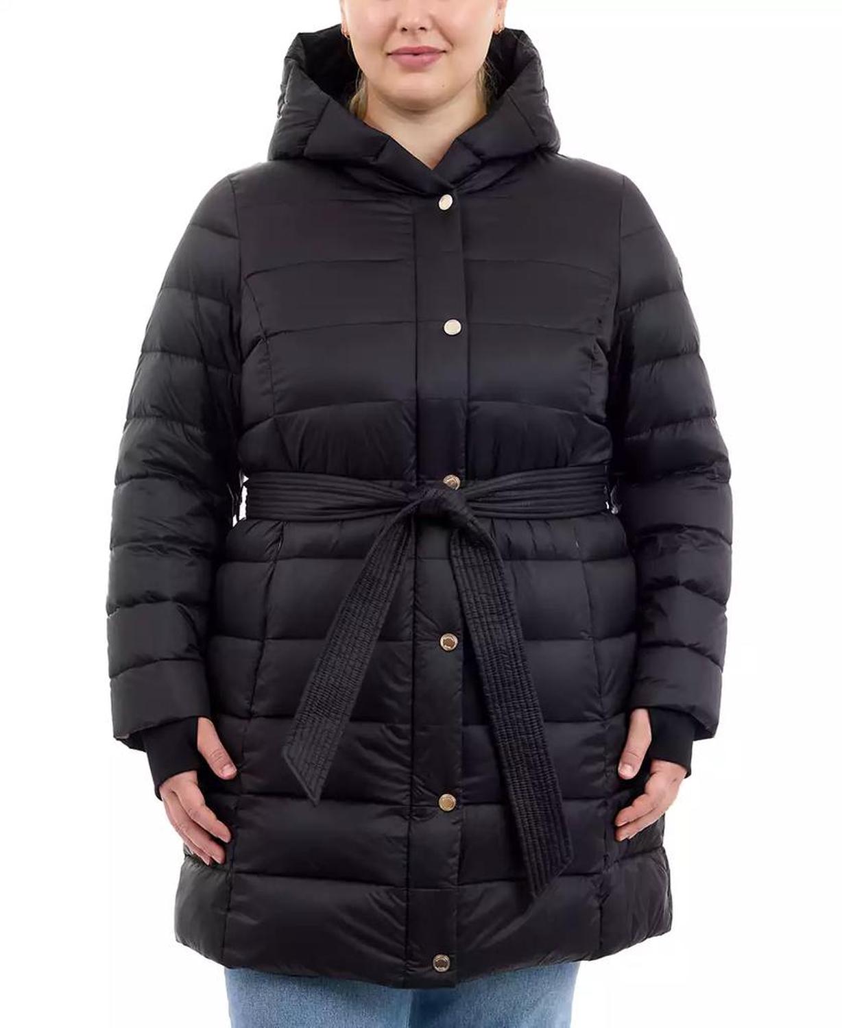 Plus Size Hooded Belted Down Puffer Coat, Created for Macy's