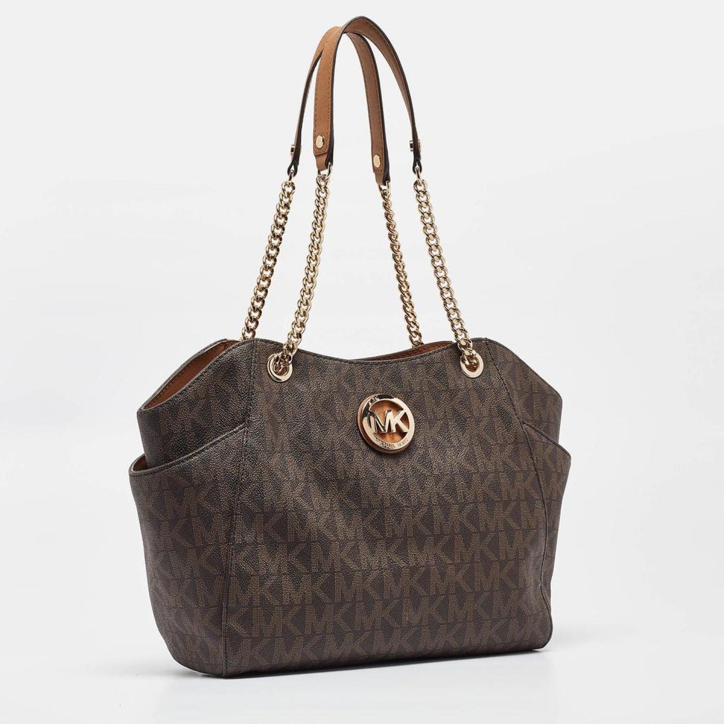 Michael Kors Brown Signature Coated Canvas And Leather Jet Set Travel Chain Bag