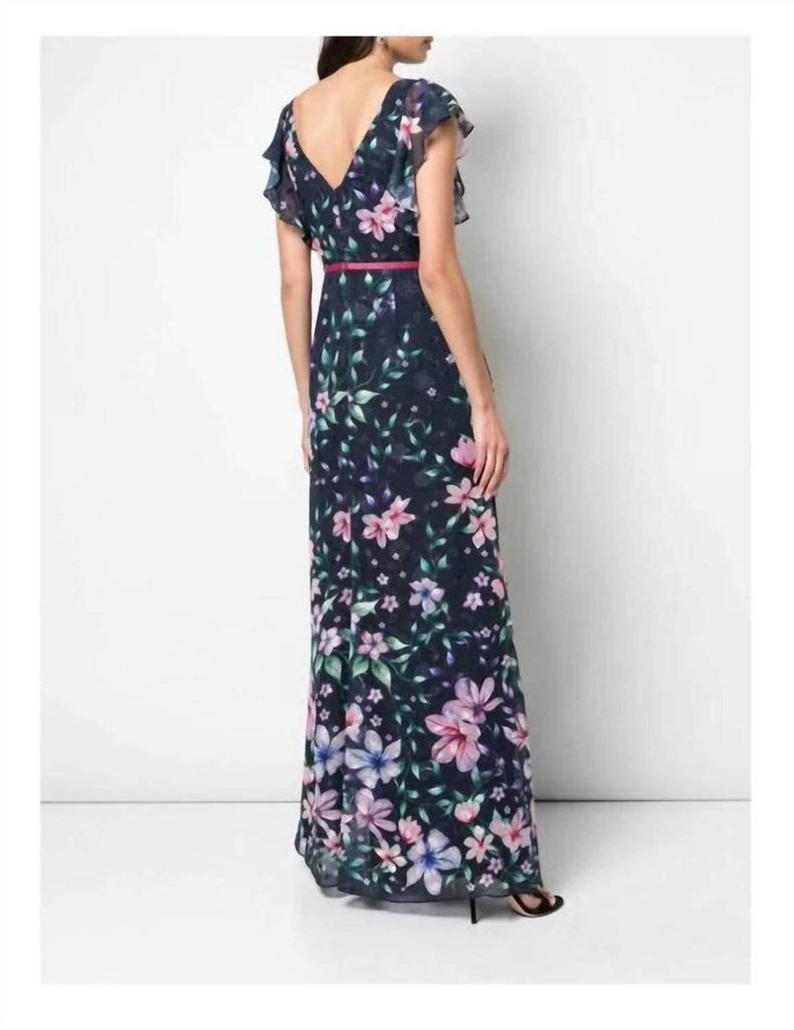 Floral Sleeveless Printed Chiffon Gown In Blue