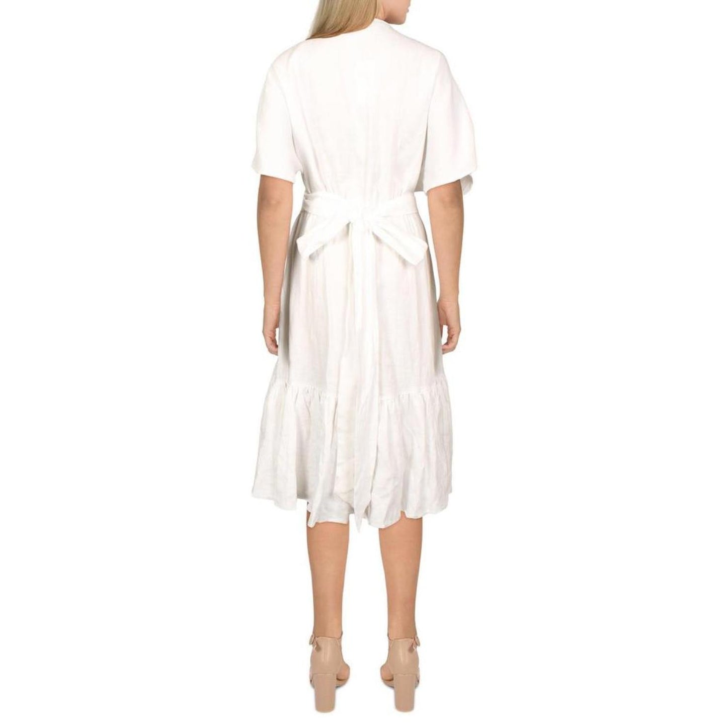 Womens Linen Tie Waist Midi Dress