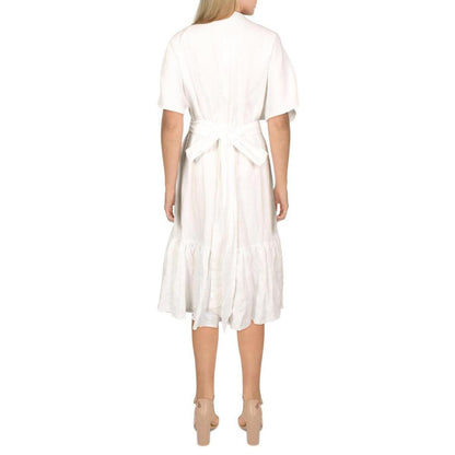 Womens Linen Tie Waist Midi Dress