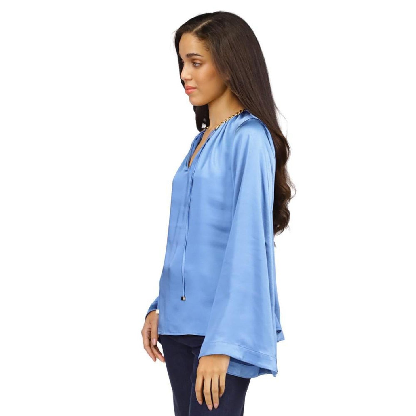 Women's Satin Bell-Sleeve Chain-Neck Top