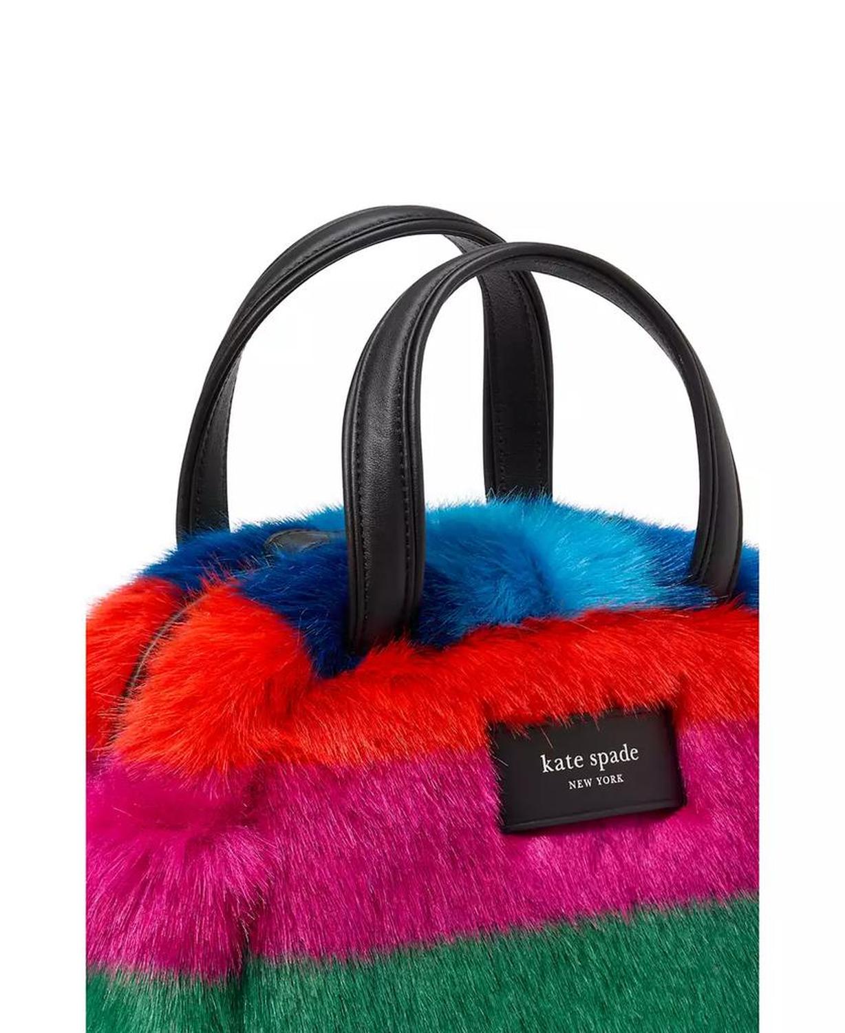 Puffed Striped Faux Fur Satchel Bag