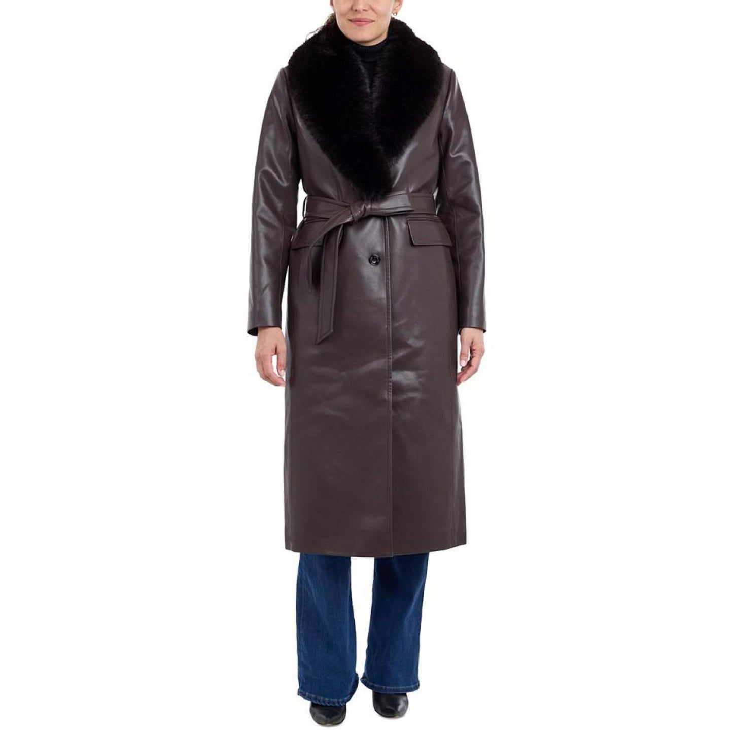 Women's Faux-Fur-Trim Faux-Leather Trench Coat