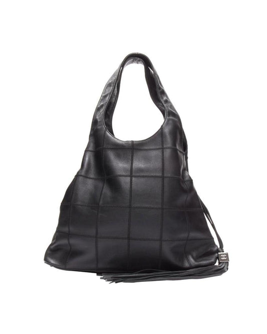 CHANEL black ruthenium CC logo square stitched tassel shoulder hobo bag