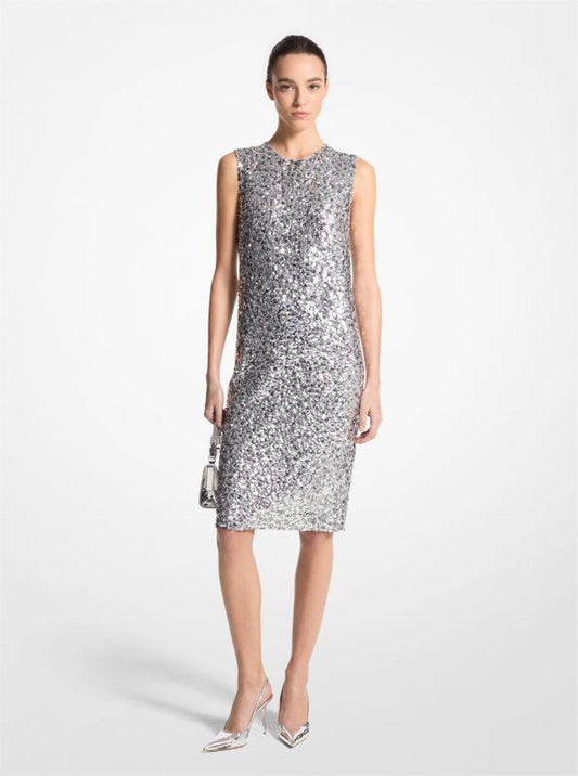 Hand-Embroidered Sequin Silk Georgette Shift Dress