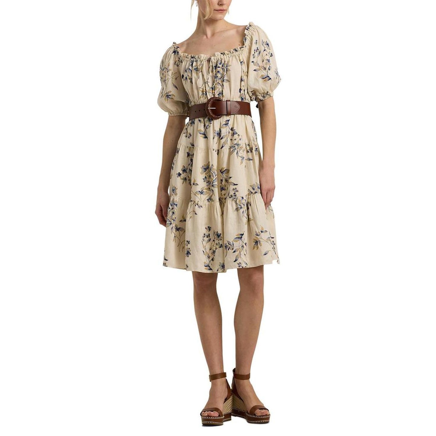 Floral Linen Tie-Neck Dress