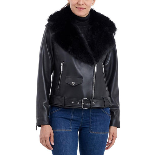 Women's Faux-Fur-Trim Leather Moto Coat