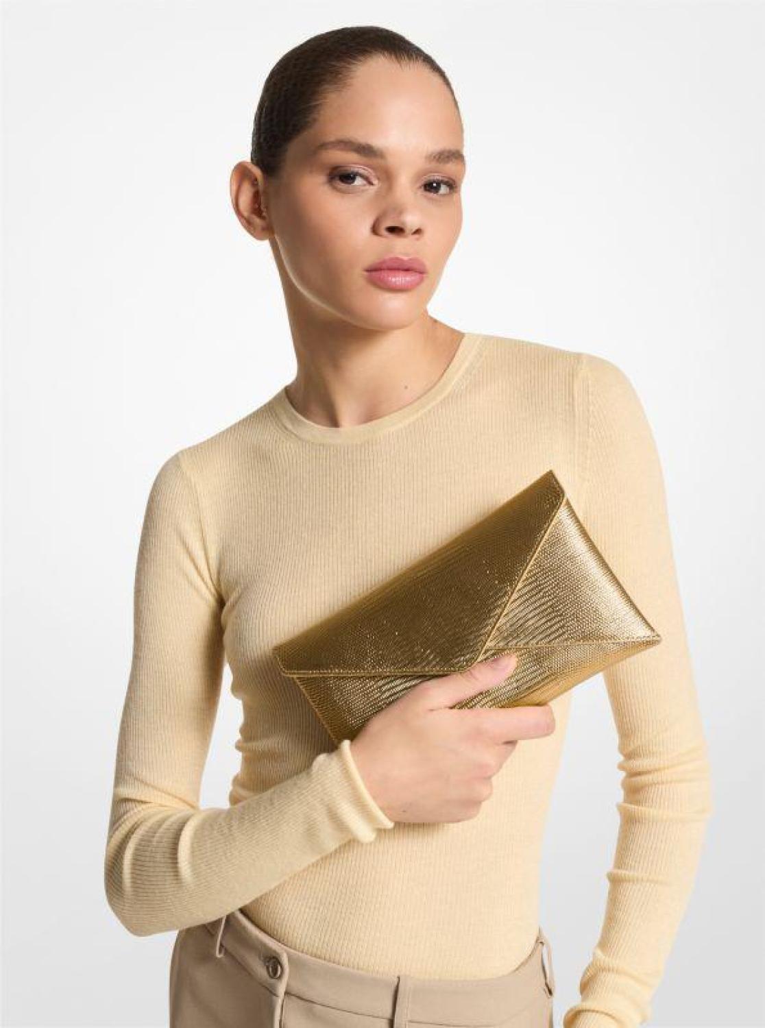 Mia Metallic Lizard Embossed Leather Envelope Clutch