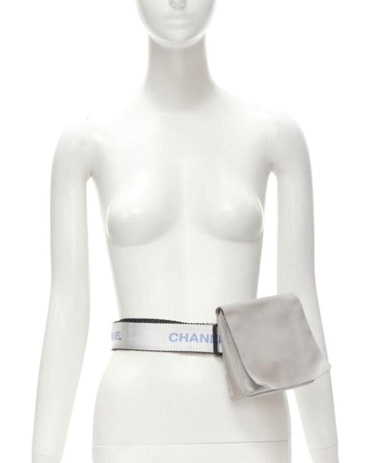 CHANEL 1990's Vintage silver nylon logo strap CC buckle square flap waist bag