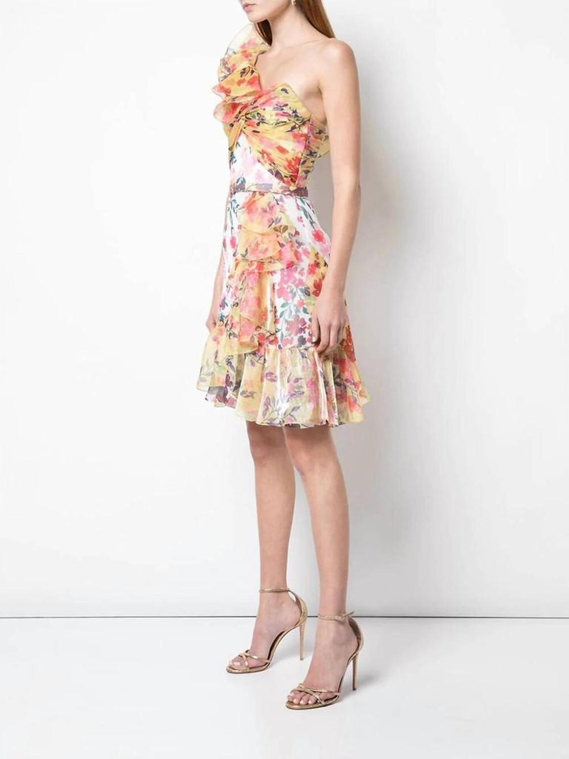 Floral Organza One Shoulder Mini Dress In Multicolor