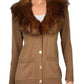 Womens Faux Fur Trim Button-Down Cardigan Sweater