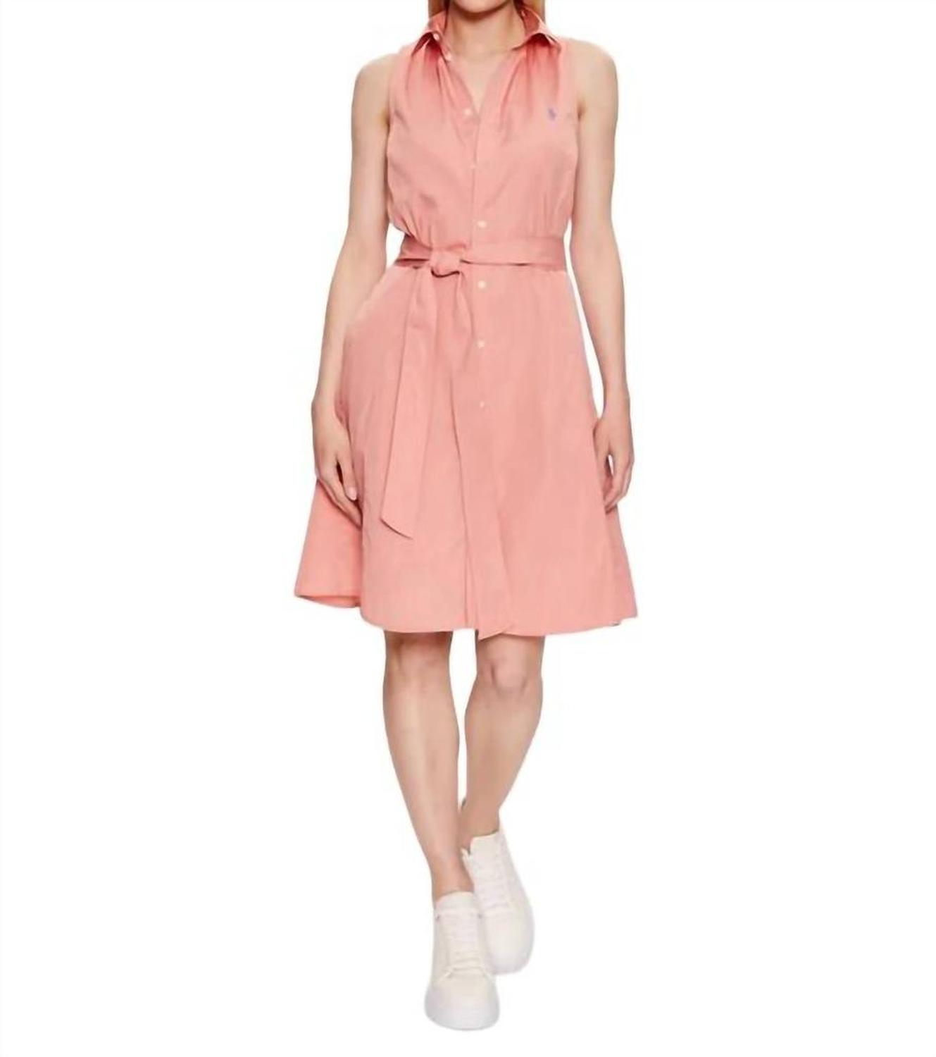 Sleeveless Belted Cotton Dress In Peach Pink