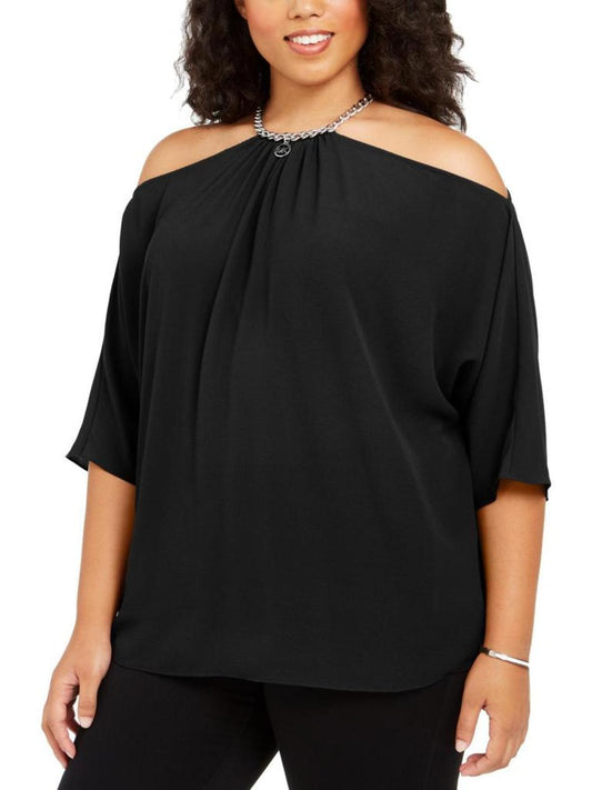 Plus Womens Knit Cold Shoulder Blouse