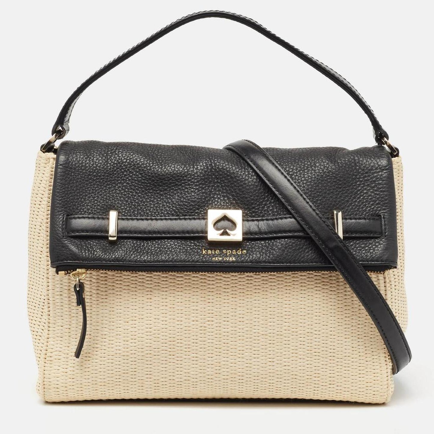 Kate Spade Beige/black Woven Straw And Leather Loula Shoulder Bag