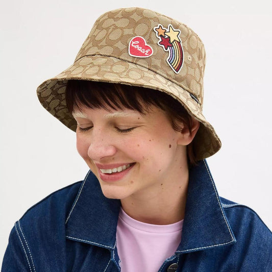 Coach Outlet Signature Jacquard Bucket Hat With Sticker Patches