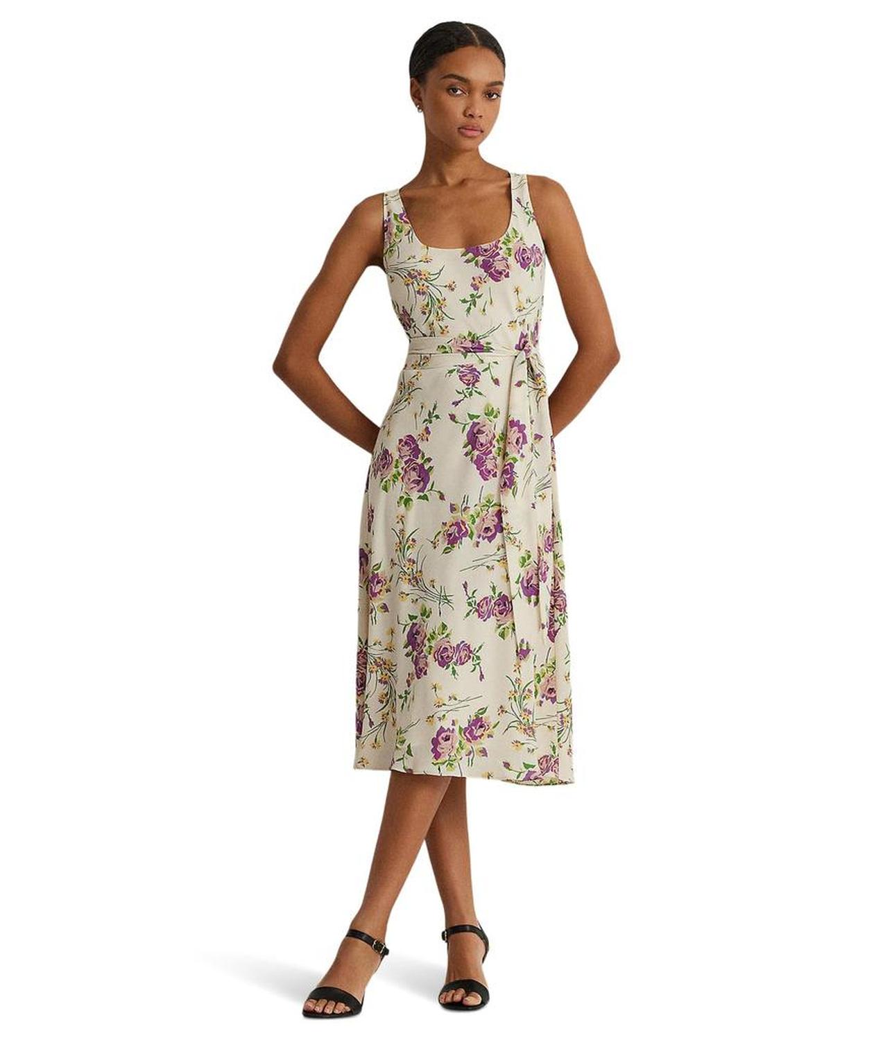 Floral Belted Crepe Sleeveless Dress