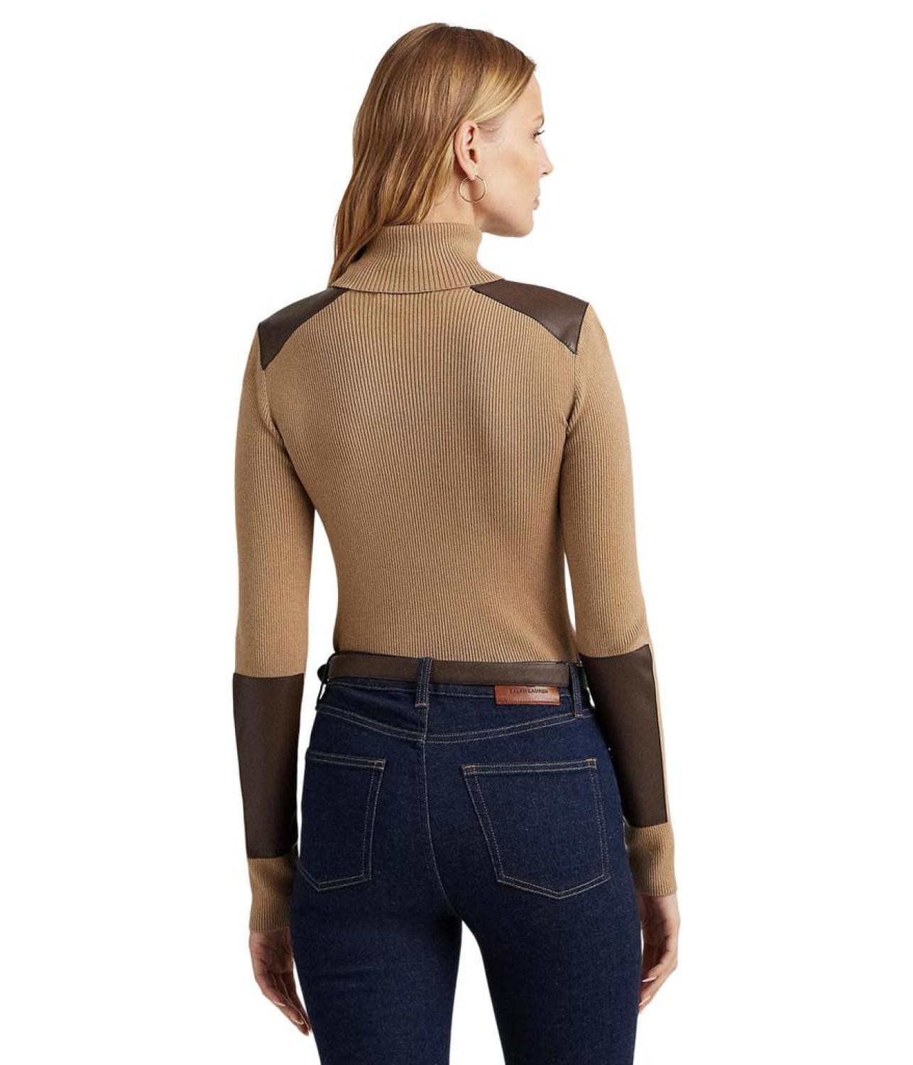 Petite Faux Leather Trim Ribbed Turtleneck