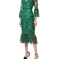 Embroidered Tea Length Fit Flare Flower Dress In Green