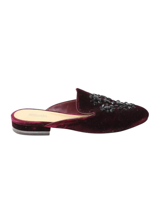 Michael Kors Crystal-Embellished Slip-On Flat Mules in Burgundy Velvet