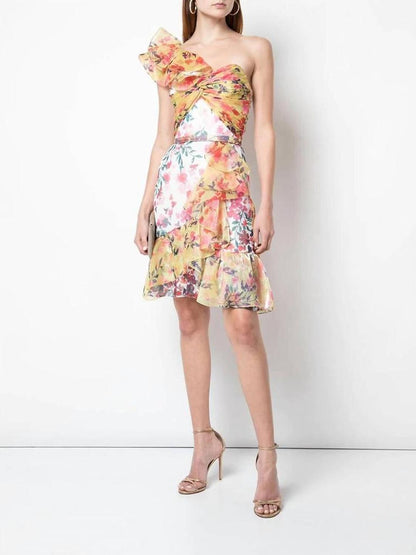 Floral Organza One Shoulder Mini Dress In Multicolor