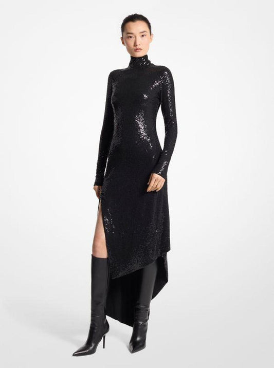 Sequined Stretch Matte Jersey Turtleneck Dress