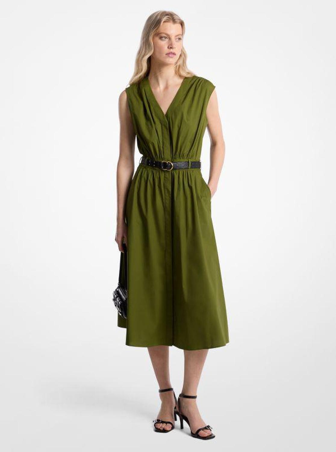 Stretch Cotton Poplin Belted Midi Dress