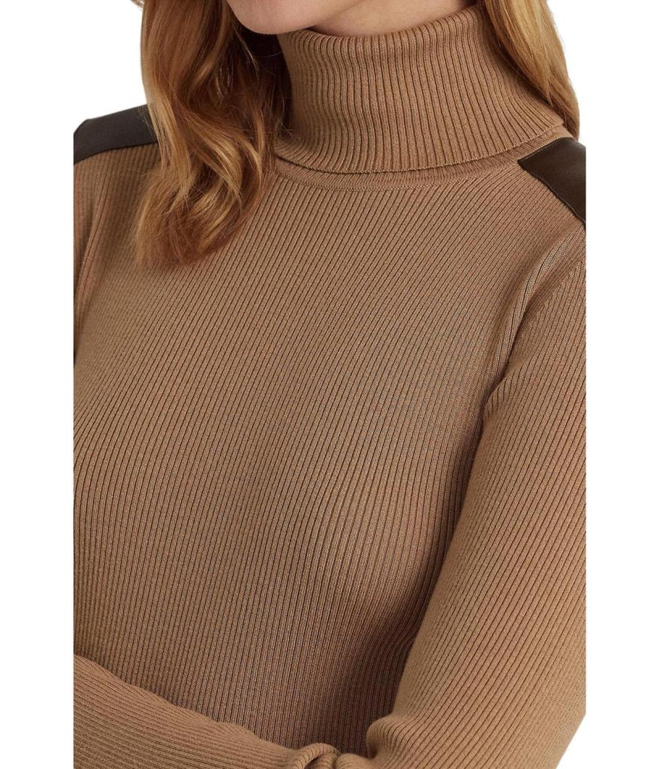 Petite Faux Leather Trim Ribbed Turtleneck