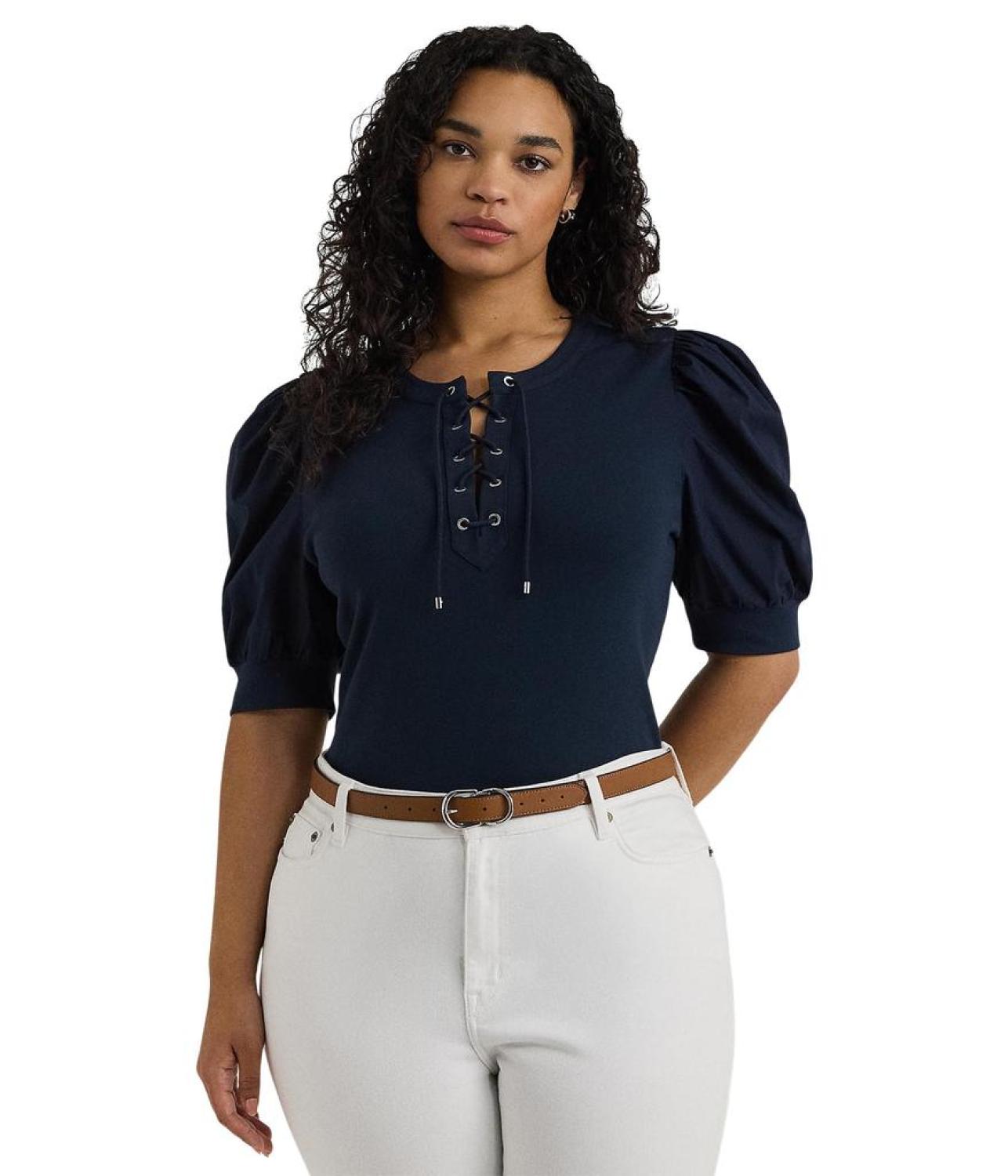 Plus Size Lace-Up Stretch Cotton Puff-Sleeve Top