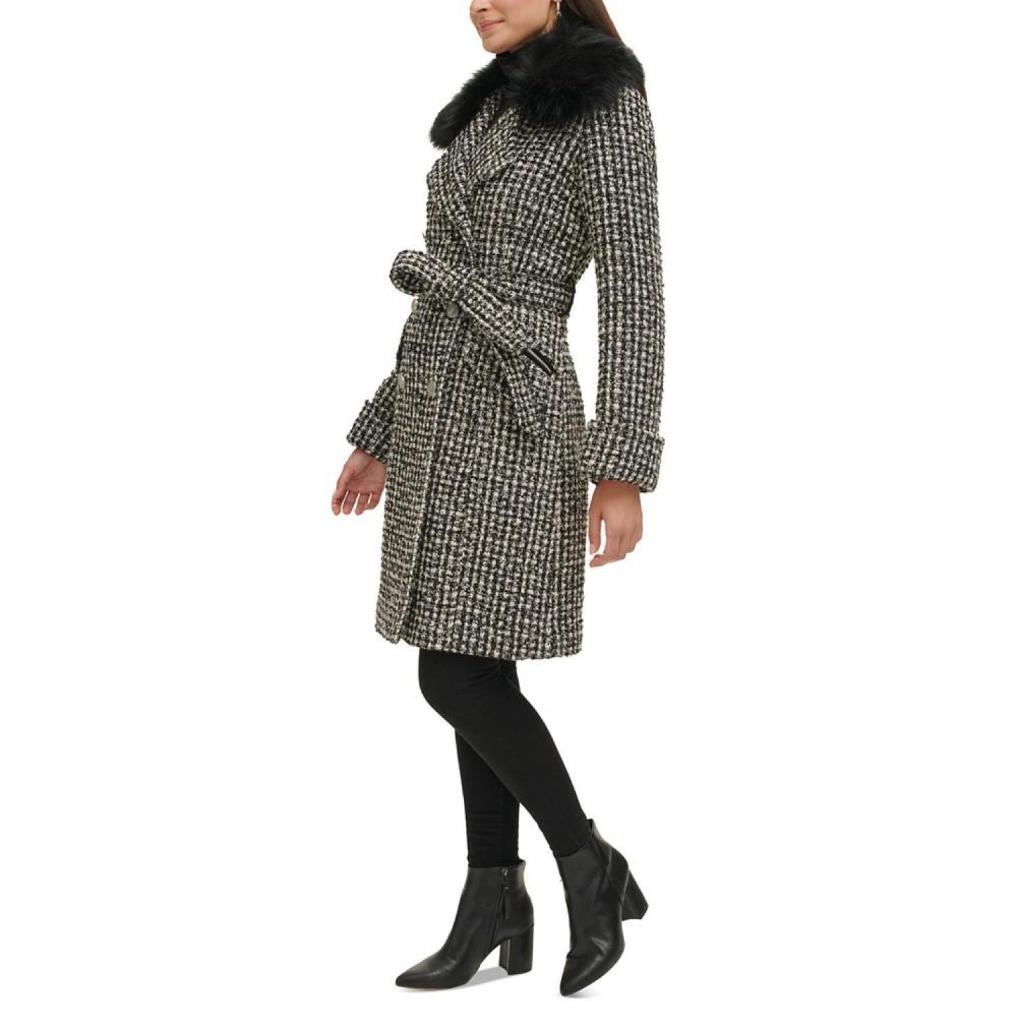 Women's Double-Breasted Faux-Fur-Collar Tweed Coat